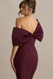 Lucille Burgundy Asymmetric Bardot Midi Dress With Bow Detail