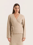 Oatmeal Knitted Tie Front Wrap Top