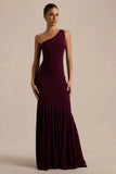 Zya Dark Plum Asymmetric Neck Fishtail Maxi Dress
