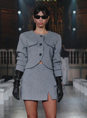 Grey Wool Contrast Pocket Cropped Jacket
