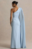 Athens Powder Blue Asymmetric Neck Maxi Dress With Cape Sleeve Detail