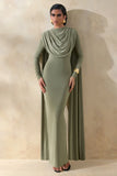 Lysoria Olive High Neck Maxi Dress With Draped Detailing And Cape Sleeves