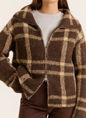 Chocolate Checked Knitted Zip Jacket