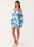 Eira Balloon Sleeve Mini Dress Cerulean Bloom