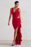 La Belle Red Ruffle Maxi Skirt With Thigh Split