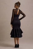 Sander Black Mesh Long Sleeve Ruffle Hem Midi Dress