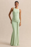Mirene Mint Round Neck Maxi Dress With Gathered Detailing And Sash