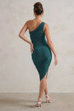 Dorit Bottle Green One Shoulder Asymmetric Ruched Midi Dress