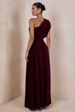 Kelsey Burgundy Asymmetric Neck Maxi Dress With Ruched Detailing