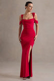 Amoura Red Square Neck Draped Wrap Maxi Dress