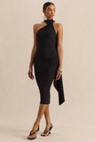 Devinae Black Asymmetric Neck Midi Dress With Open Back And Scarf Detail
