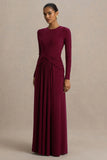 Estrella Berry High Neck Maxi Dress With Ruched Detailing