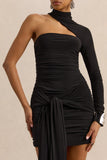 Irissia Black Asymmetric Neck Mini Dress With Knot And Sash Detail