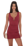 Embellished Plunge Neck Dress in Maroon
