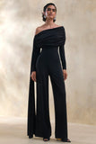 Elova Black Bardot Neck Jumpsuit With Sash