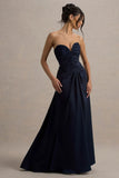 Desirie Navy Satin Sweetheart Gathered Maxi Dress