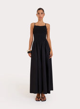 Black Shirred Cotton Maxi Dress Milano