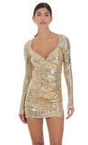 Sequin V Neck Long Sleeve Dress in Gold