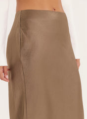 Khaki Satin Maxi Skirt
