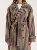 Brown Checked Belted Wool Blend Trench Coat