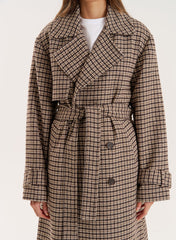 Brown Checked Belted Wool Blend Trench Coat