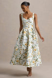 Rosemary Floral Print Sweetheart Midi Dress With Drop Waist