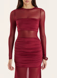 Burgundy Jersey And Mesh Mix Long Sleeved Maxi Dress