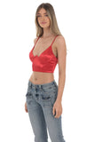 Satin V Neck Crop Top in Red