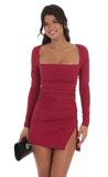 Long Sleeve Side Slit Dress in Red