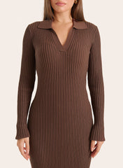 Chocolate Polo Collar Knitted Maxi Dress
