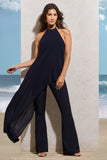 Catania Navy Flared Leg Jumpsuit With Chiffon Cape