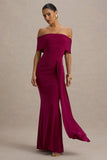 Delma Burgundy Bardot Maxi Dress With Drape Detail