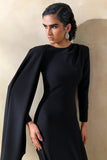 Jovea Black Round Neck Maxi Dress With Cape Sleeve
