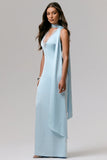 True Icon Powder Blue Satin V Neck Maxi Slip Dress With Sash