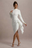 Luanna Ecru Satin Long Sleeve Midi Dress With Draped Skirt And Embellished Cuffs