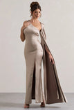 Gala Taupe Satin One Shoulder Cape Sleeve Split Maxi Dress