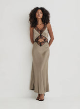 Khaki Satin Lace Slip Dress