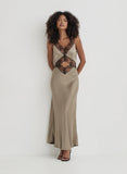 Khaki Satin Lace Slip Dress