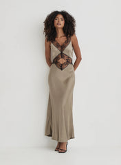 Khaki Satin Lace Slip Dress