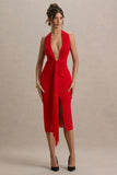 Auria Red Satin Devore Plunge Neck Midi Dress With Fringe Details