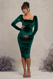 New Life Bottle Green Velvet Maternity Square Neck Ruched Midi Dress