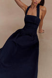 Caroline Denim Halter Midi Dress Indigo Blue