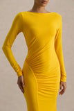 Diva Yellow Slashed Neck Maxi Dress With Ruched Detailing