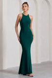Brianna Bottle Green Sleeveless Halter Neck Open Back Maxi Dress
