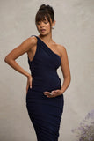 Late Night Navy Maternity Ruched One Shoulder Midi Dress