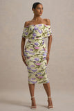 Rayleigh Tulip Floral Print Bardot Ruched Midi Dress
