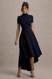 Bellona Navy High Neck High Low Midi Dress