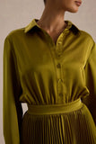 Naxos Olive Satin Shirt Maxi Dress With Pleated Skirt