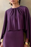 Vanthea Dark Plum Satin Round Neck Maxi Dress With Cape Sleeves