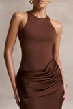 Akari Brown Crew Neck Maxi Dress With Satin Skirt